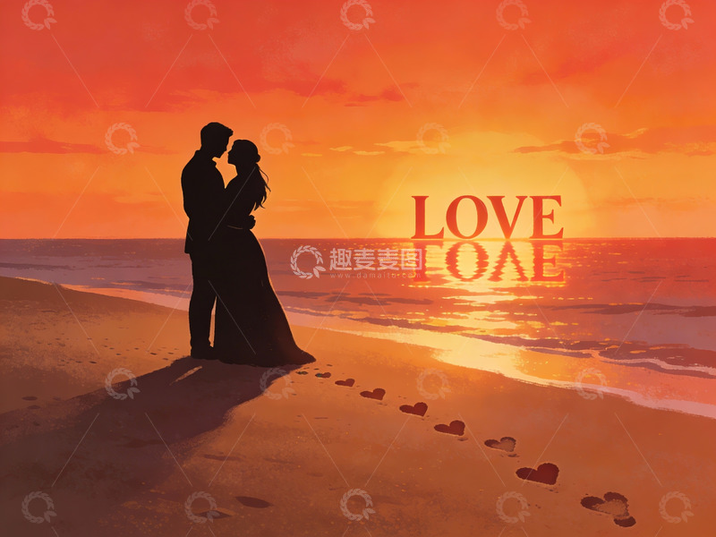高清大图下载【趣麦麦图】情侣沙滩日落剪影