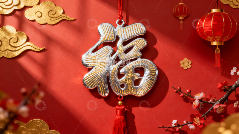 高清大图下载【趣麦麦图】春节福字挂饰红色背景
