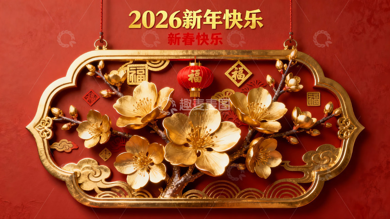 高清大图下载【趣麦麦图】金色梅花挂饰新年祝福