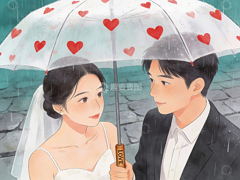 雨中新人共撑爱心伞