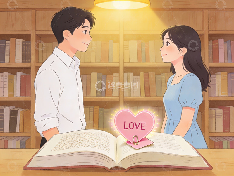 高清大图下载【趣麦麦图】图书馆中情侣共读温馨场景
