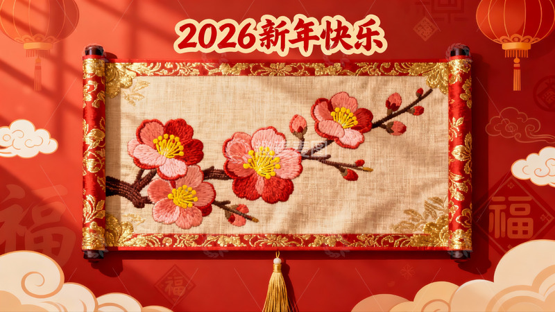 高清大图下载【趣麦麦图】新年绣花卷轴迎春图