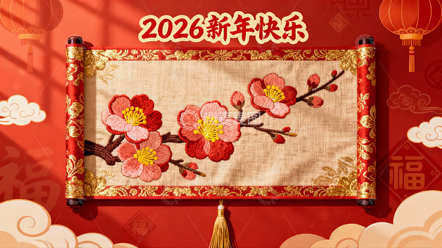 新年绣花卷轴迎春图