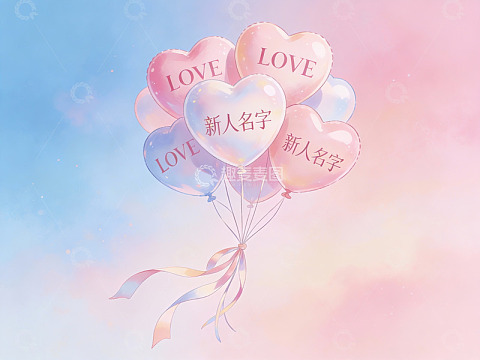 心形气球飘浮在梦幻天空