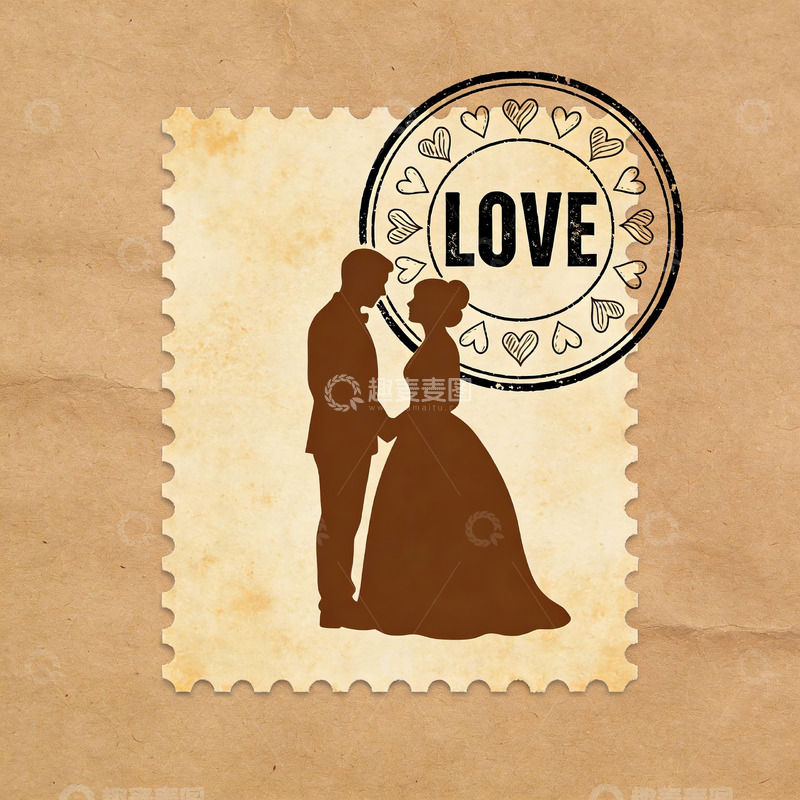 高清大图下载【趣麦麦图】复古邮票风格情侣剪影
