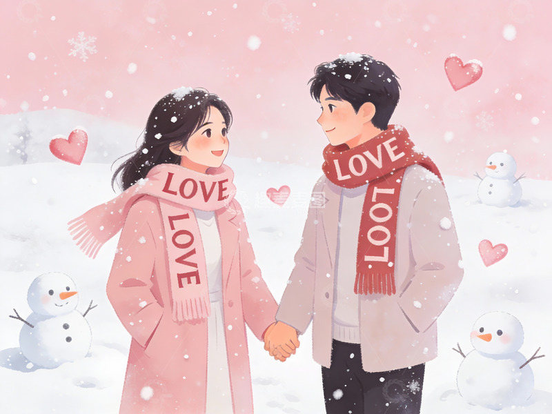 高清大图下载【趣麦麦图】雪中情侣牵手温馨场景