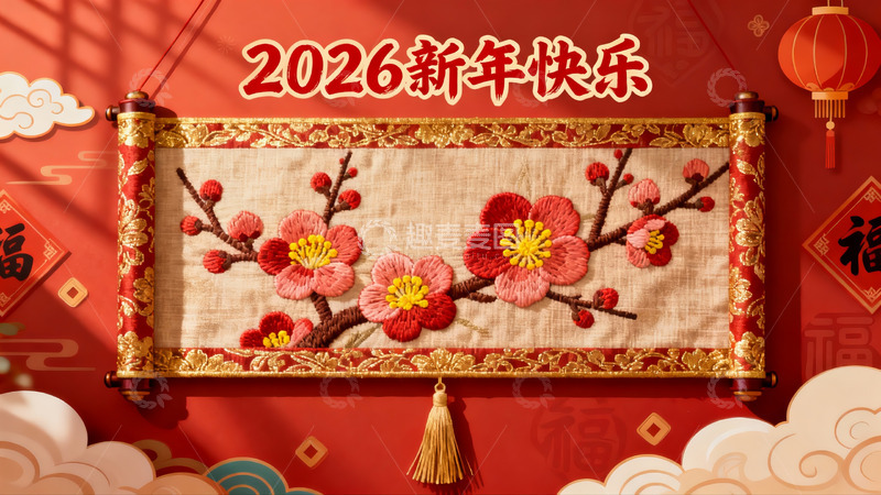 高清大图下载【趣麦麦图】新年绣花卷轴挂饰