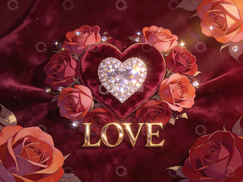 高清大图下载【趣麦麦图】玫瑰环绕的心形钻石装饰