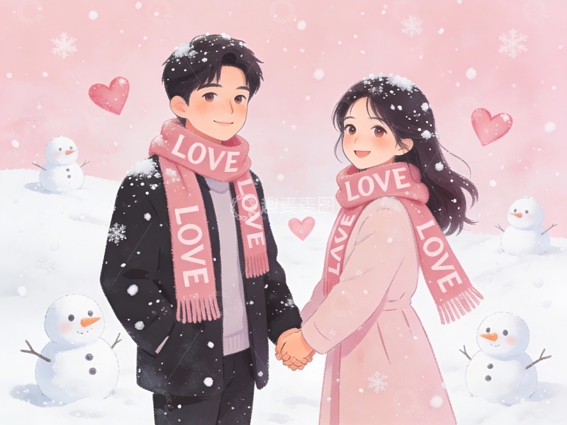 高清大图下载【趣麦麦图】雪中情侣牵手温馨场景