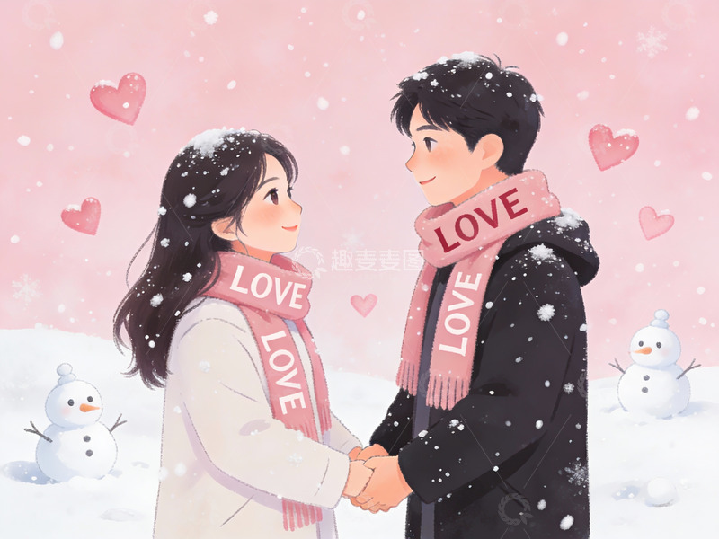 高清大图下载【趣麦麦图】雪中情侣牵手温馨场景