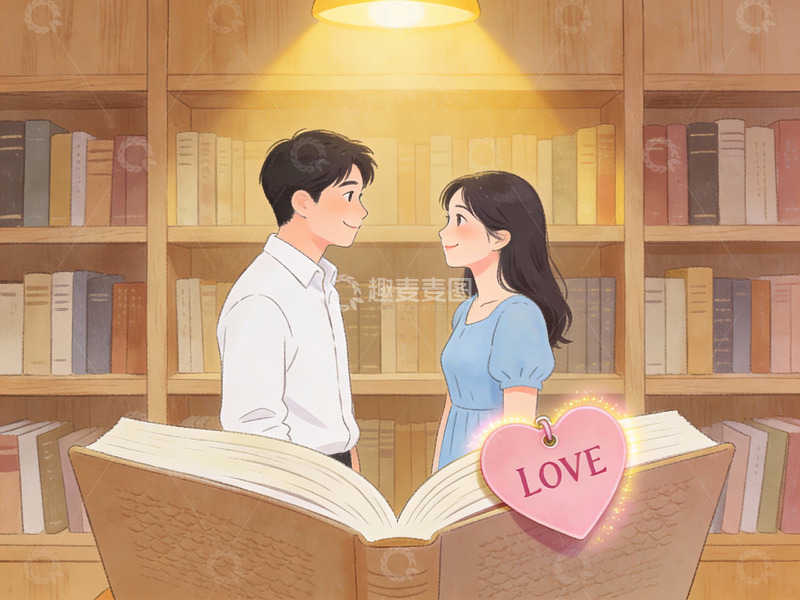 高清大图下载【趣麦麦图】图书馆中情侣共读温馨场景