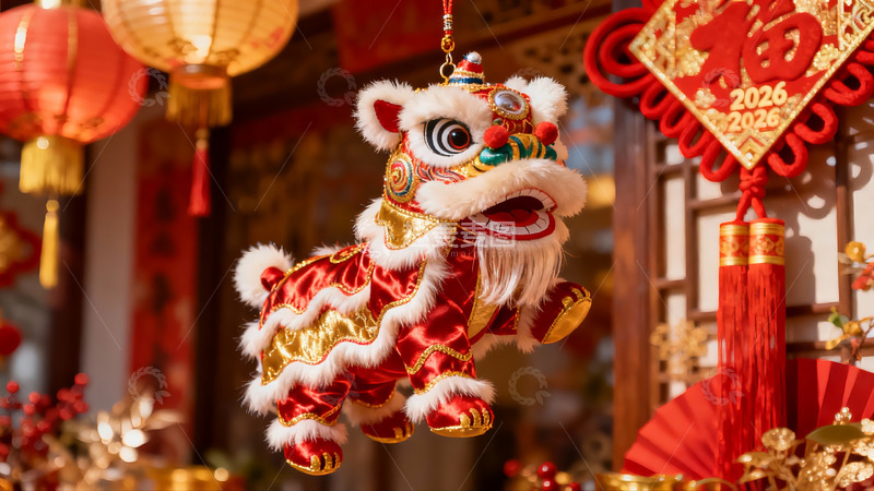 高清大图下载【趣麦麦图】春节舞狮挂饰与红灯笼装饰