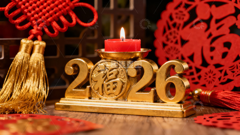 高清大图下载【趣麦麦图】新年装饰烛台与福字摆件