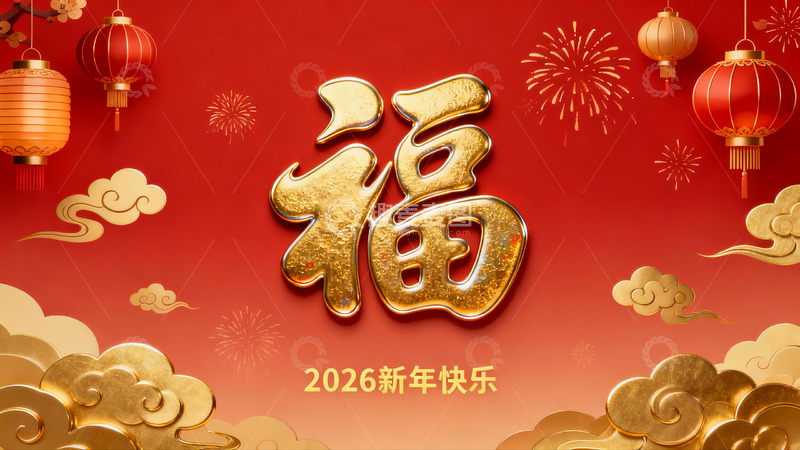 高清大图下载【趣麦麦图】新年红色背景福字灯笼烟花