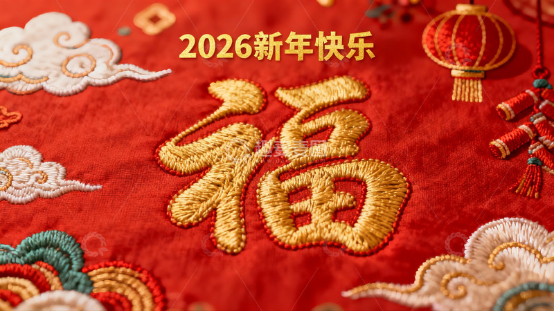 高清大图下载【趣麦麦图】红色刺绣福字新年装饰