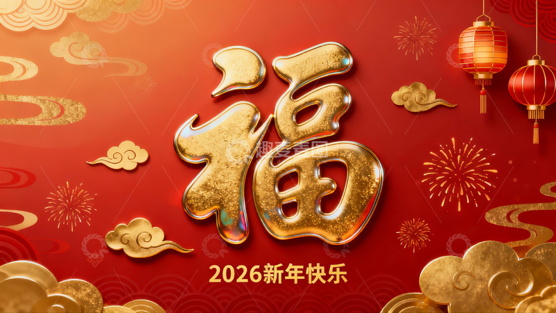 高清大图下载【趣麦麦图】新年福字灯笼烟花装饰图