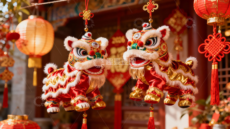 高清大图下载【趣麦麦图】春节舞狮挂饰与红灯笼