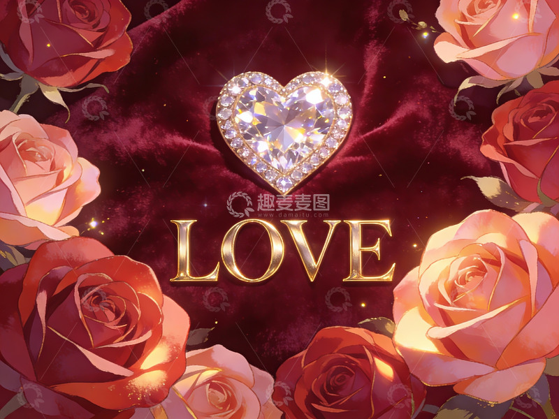 高清大图下载【趣麦麦图】玫瑰环绕的钻石心形与爱字