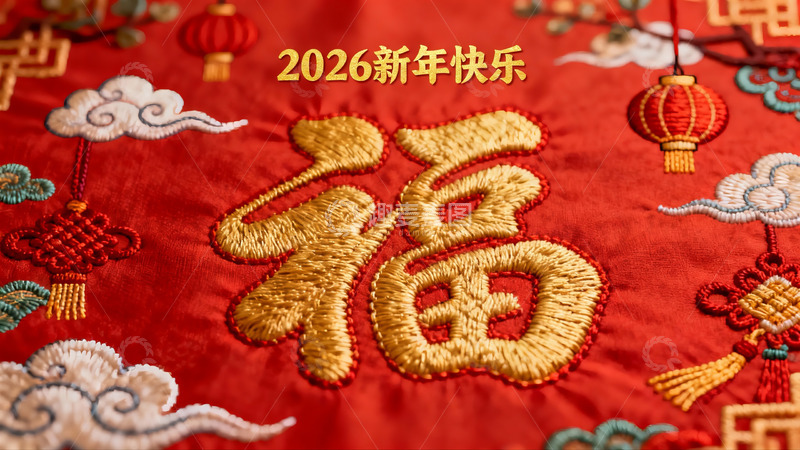 高清大图下载【趣麦麦图】红色刺绣福字新年装饰