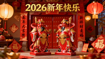 新年装饰中的门神雕像
