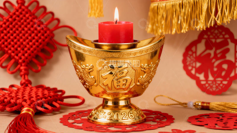 高清大图下载【趣麦麦图】春节装饰中的金色烛台与红蜡烛