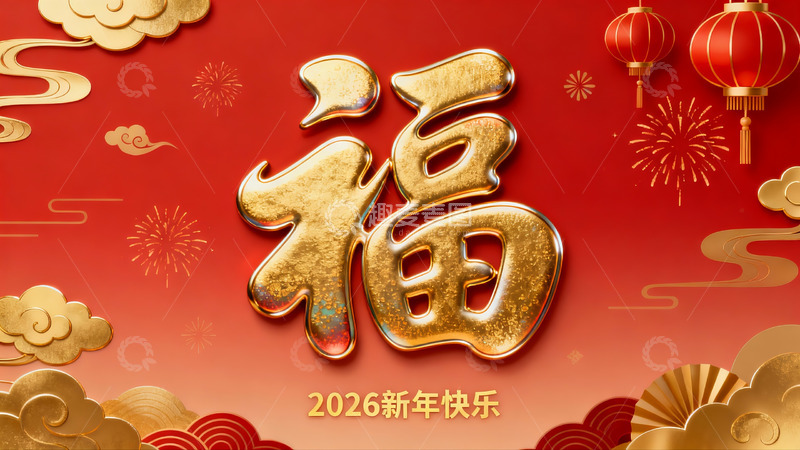 高清大图下载【趣麦麦图】新年福字灯笼烟花装饰图