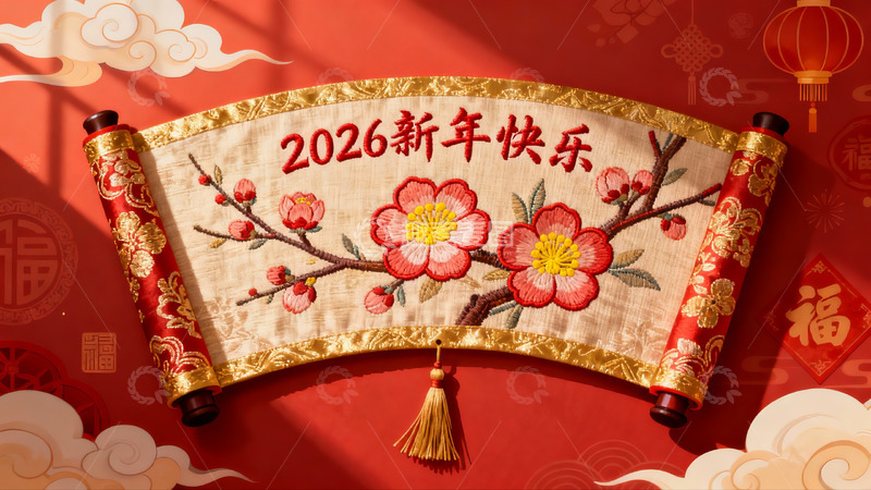 高清大图下载【趣麦麦图】2026新年快乐卷轴装饰