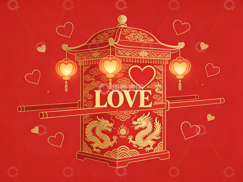 高清大图下载【趣麦麦图】红色背景上的中式爱情花轿