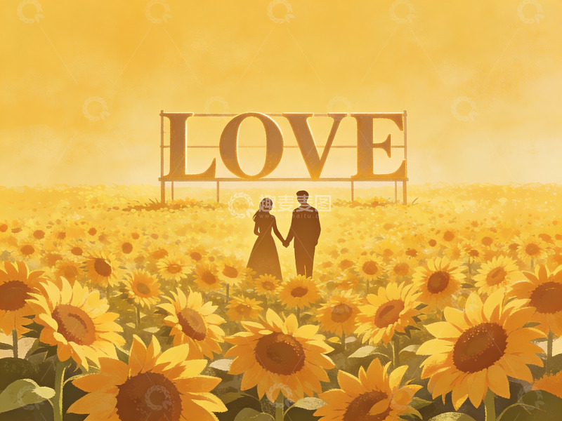 高清大图下载【趣麦麦图】情侣在向日葵花田中牵手