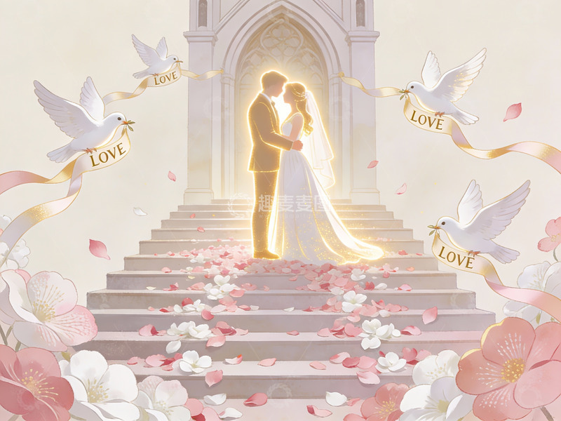 高清大图下载【趣麦麦图】新人在教堂台阶上相拥