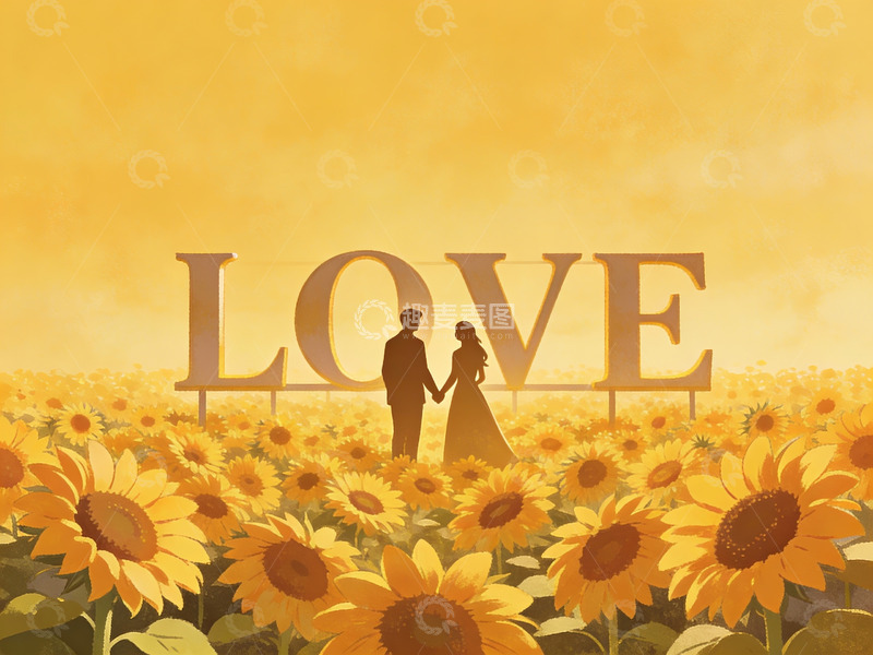 高清大图下载【趣麦麦图】情侣在向日葵花田中牵手