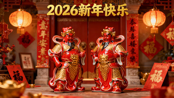 新年装饰中的门神雕像