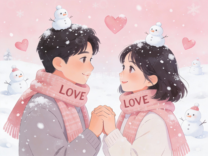 高清大图下载【趣麦麦图】雪中情侣牵手温馨场景