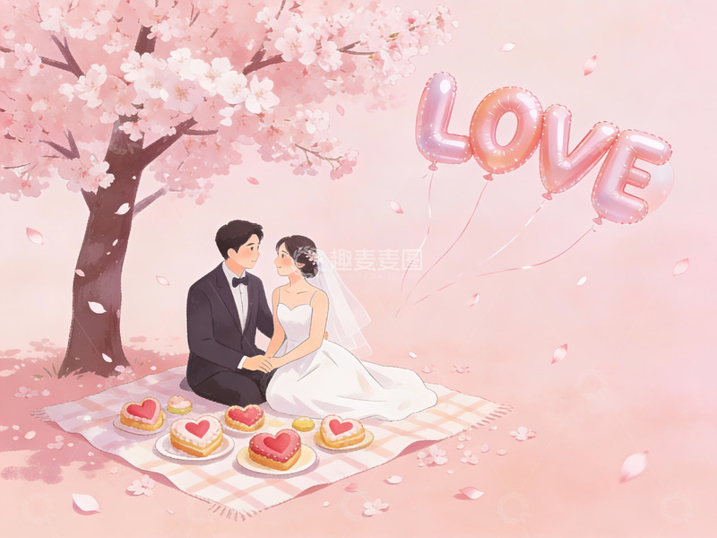 高清大图下载【趣麦麦图】新人樱花树下野餐