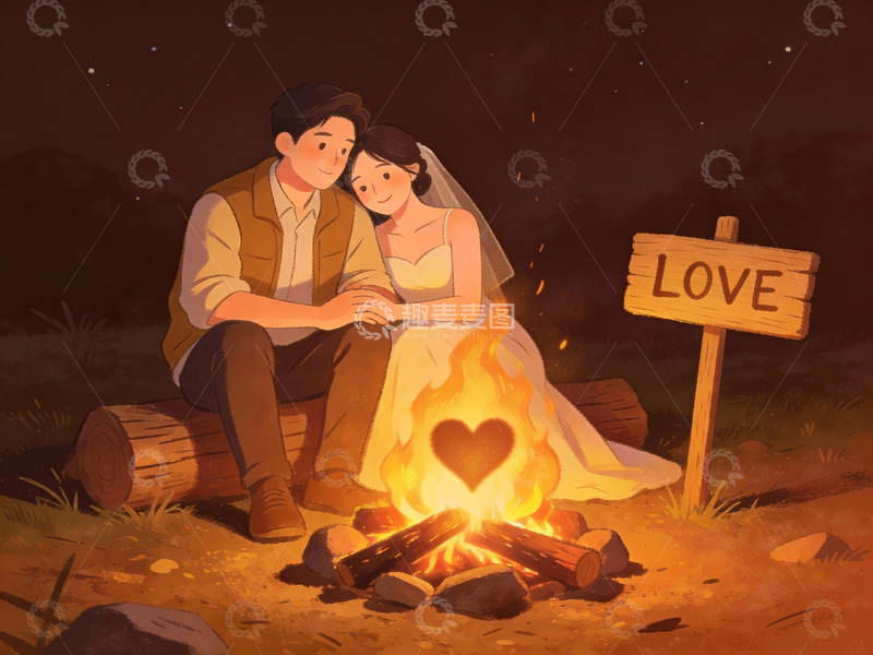 高清大图下载【趣麦麦图】情侣篝火旁依偎