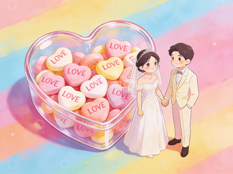高清大图下载【趣麦麦图】新人与爱心糖果的甜蜜场景