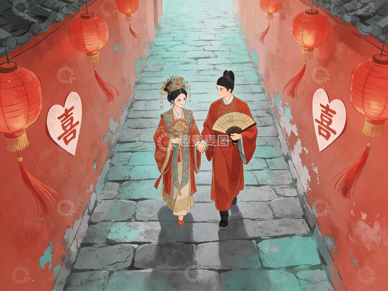 高清大图下载【趣麦麦图】古风情侣携手行于喜庆巷道