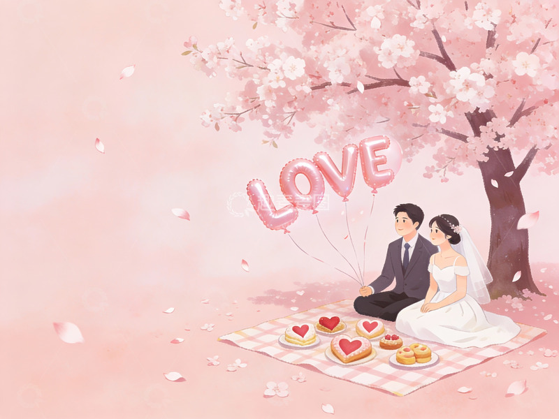 高清大图下载【趣麦麦图】樱花树下新人野餐场景