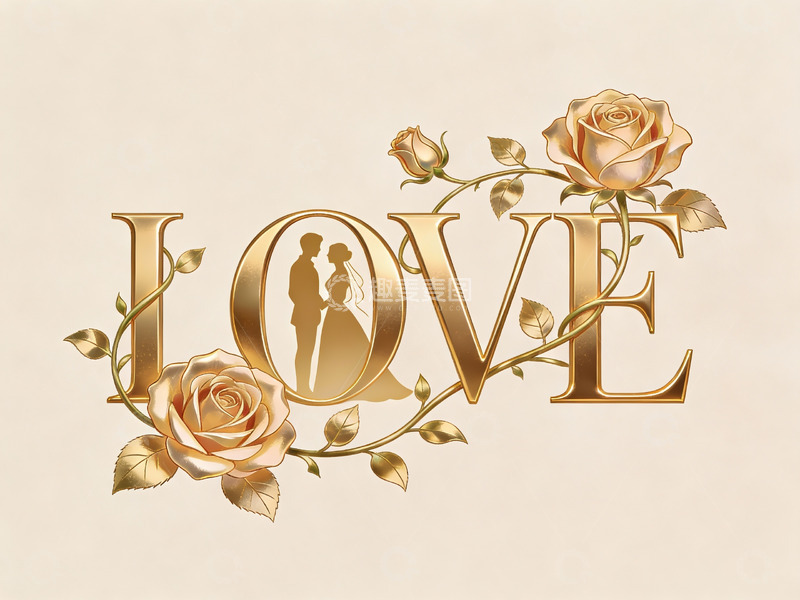 高清大图下载【趣麦麦图】金色玫瑰与情侣剪影的爱字设计
