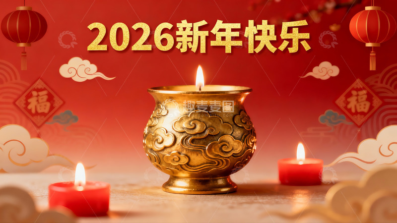 高清大图下载【趣麦麦图】新年红色背景金色烛台
