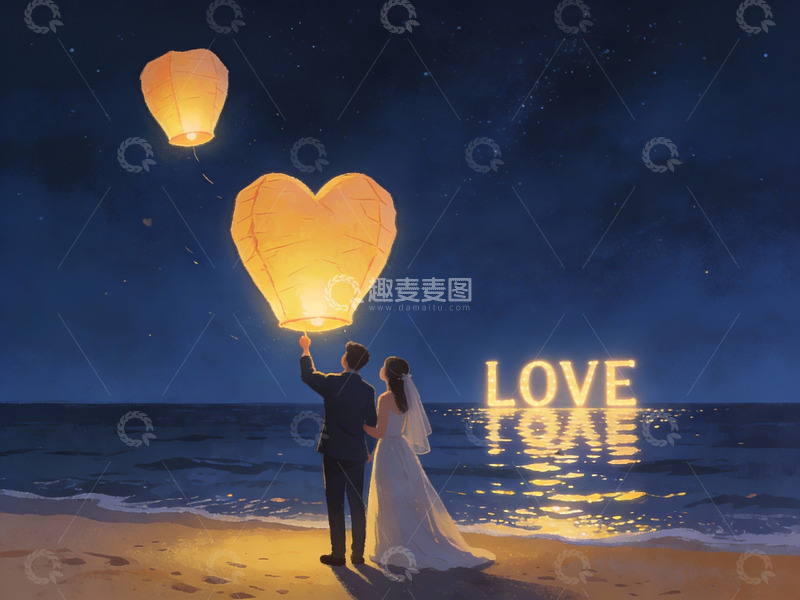 高清大图下载【趣麦麦图】情侣海滩放飞爱心孔明灯