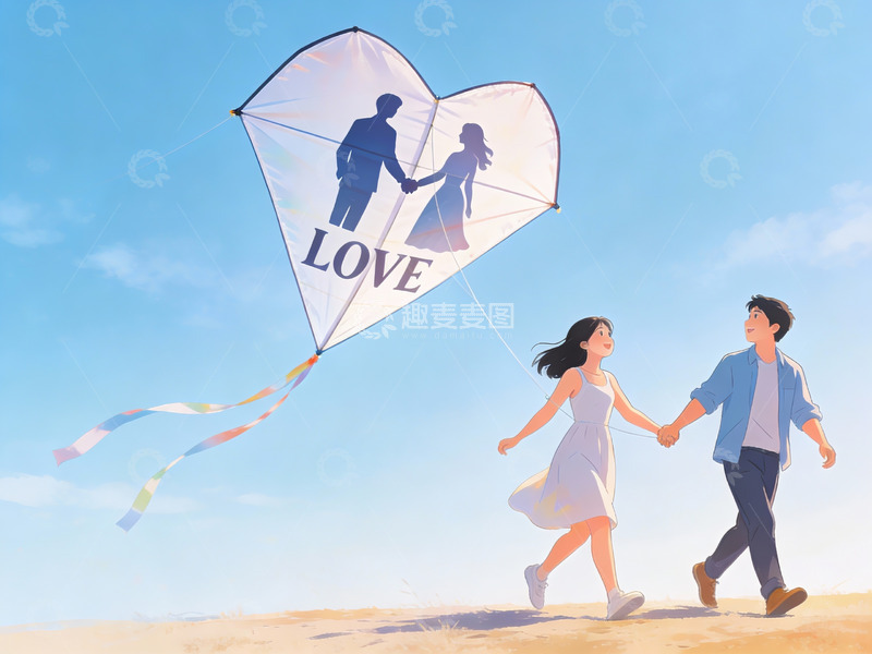 高清大图下载【趣麦麦图】情侣放飞爱心风筝