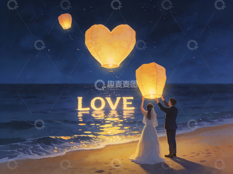 高清大图下载【趣麦麦图】情侣海滩放飞爱心孔明灯