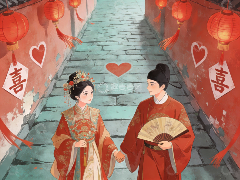 高清大图下载【趣麦麦图】古装情侣手持团扇行走于喜庆巷道