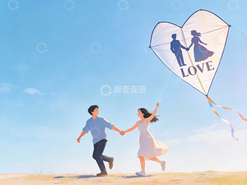 高清大图下载【趣麦麦图】情侣放飞爱心风筝