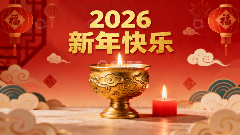 高清大图下载【趣麦麦图】2026新年快乐金色烛台