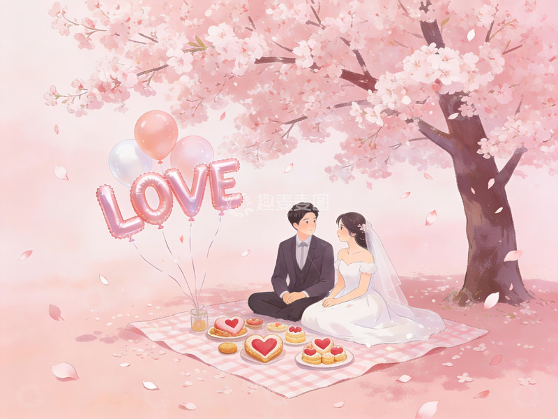 高清大图下载【趣麦麦图】樱花树下新人野餐