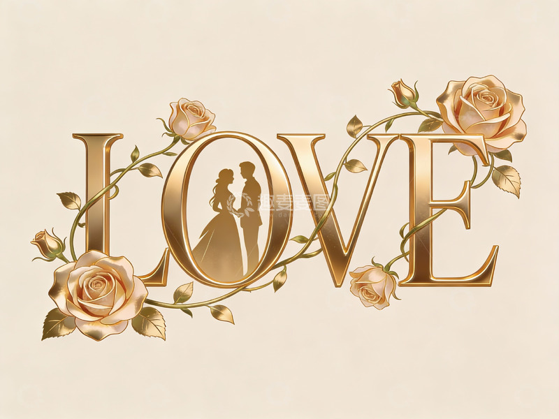 高清大图下载【趣麦麦图】金色玫瑰环绕的爱字艺术
