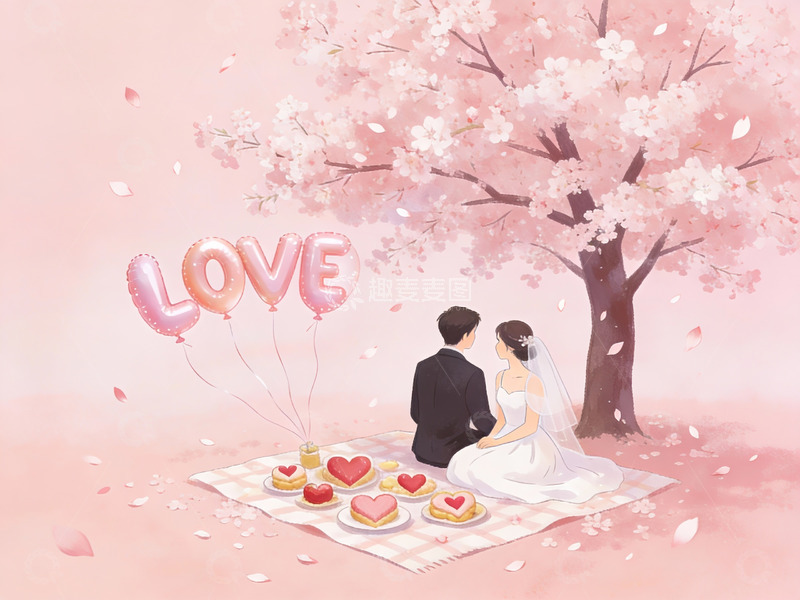 高清大图下载【趣麦麦图】情侣樱花树下野餐