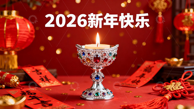 新年装饰烛台与红色背景